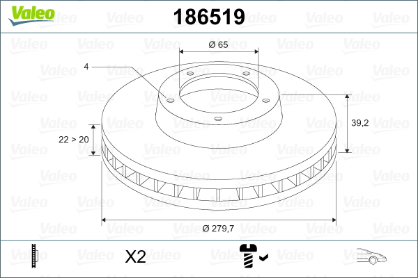 VALEO Bremseskive 186519 foraksel ventileret 280mm 22mm for VW