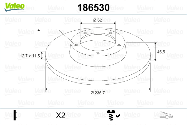 VALEO Bremseskive 186530 foraksel fuld 236mm 13mm for SKODA