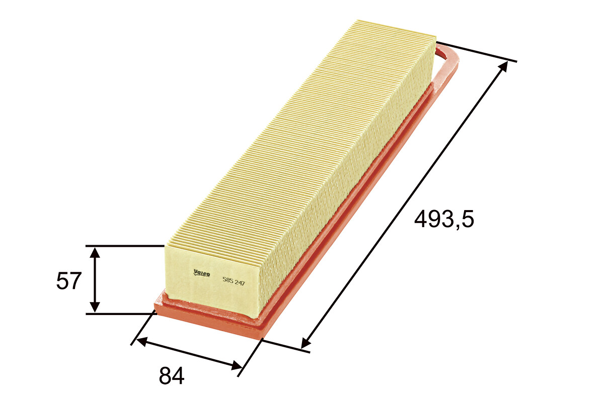 VALEO Luftfilter 585247 Filterindsats length_mm_203|Længde [mm]|495 width_mm_206|Bredde [mm]|85 height_mm_209|Højde [mm]|56 weight_kg_212|Vægt [kg]|0,