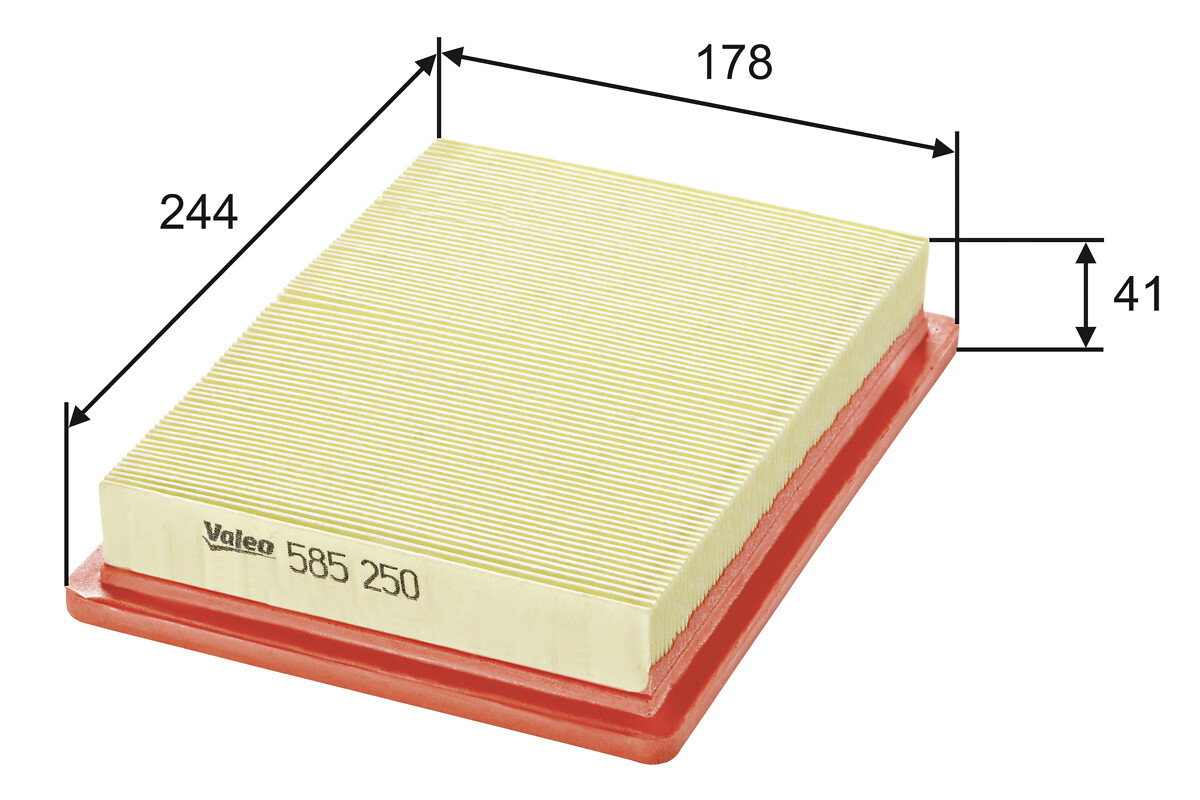 VALEO Luftfilter 585250 Filterindsats length_mm_203|Længde [mm]|246 width_mm_206|Bredde [mm]|182 height_mm_209|Højde [mm]|44 weight_kg_212|Vægt [kg]|0