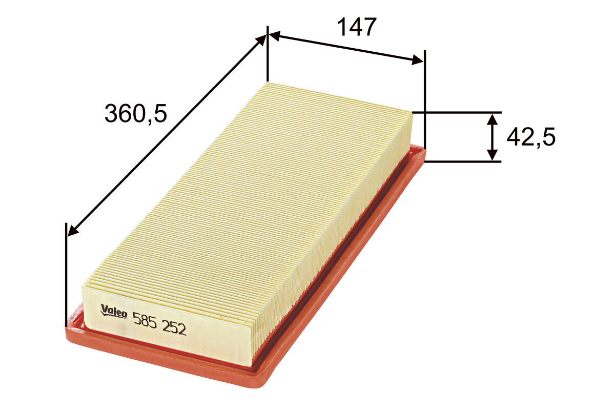 VALEO Luftfilter 585252 Filterindsats length_mm_203|Længde [mm]|359 width_mm_206|Bredde [mm]|147 height_mm_209|Højde [mm]|43 weight_kg_212|Vægt [kg]|0