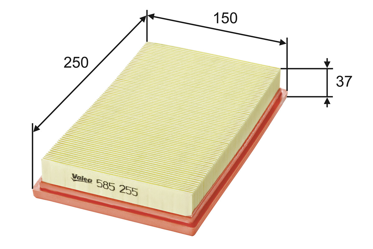 VALEO Luftfilter 585255 Filterindsats length_mm_203|Længde [mm]|250 width_mm_206|Bredde [mm]|150 height_mm_209|Højde [mm]|37 weight_kg_212|Vægt [kg]|0