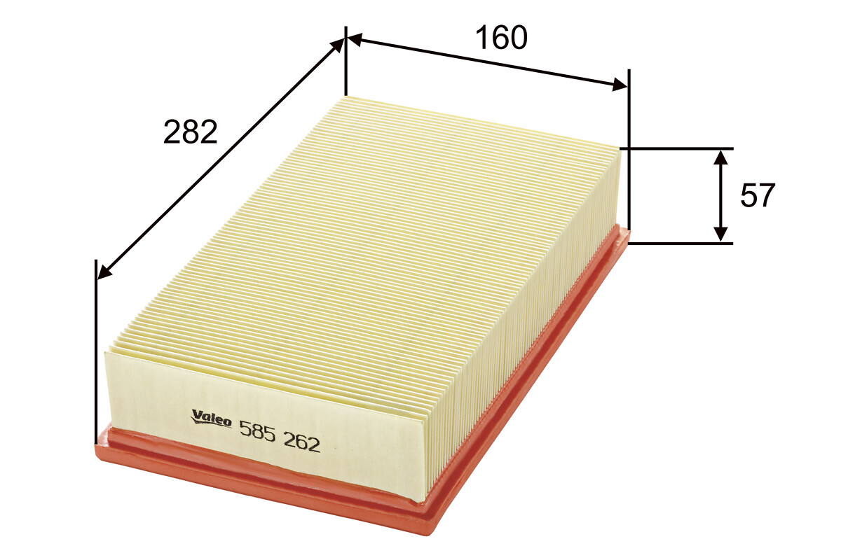 VALEO Luftfilter 585262 Filterindsats length_mm_203|Længde [mm]|285 width_mm_206|Bredde [mm]|160 height_mm_209|Højde [mm]|57 weight_kg_212|Vægt [kg]|0