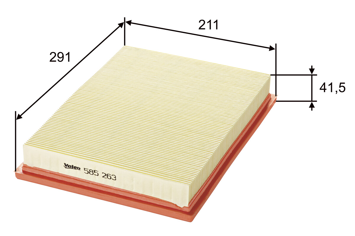 VALEO Luftfilter 585263 Filterindsats length_mm_203|Længde [mm]|291 width_mm_206|Bredde [mm]|211 height_mm_209|Højde [mm]|38 weight_kg_212|Vægt [kg]|0