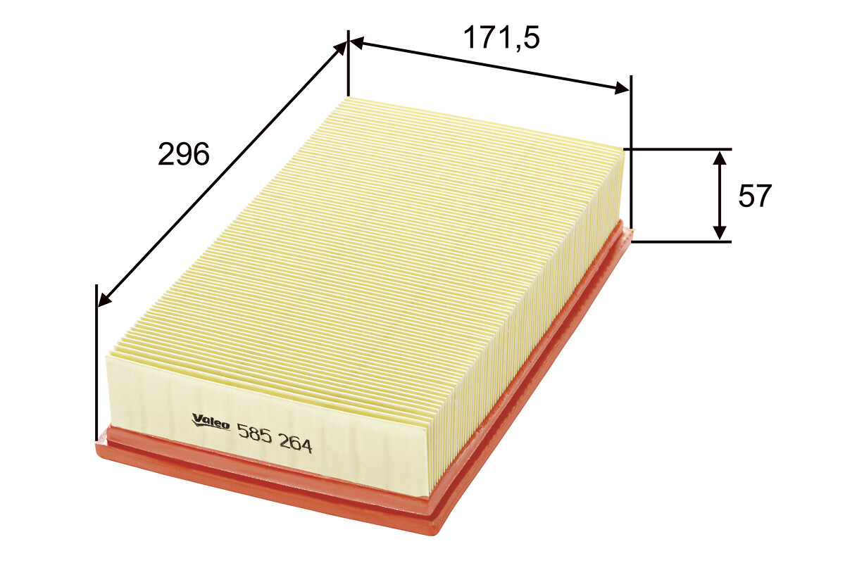 VALEO Luftfilter 585264 Filterindsats length_mm_203|Længde [mm]|294 width_mm_206|Bredde [mm]|171 height_mm_209|Højde [mm]|50 weight_kg_212|Vægt [kg]|0