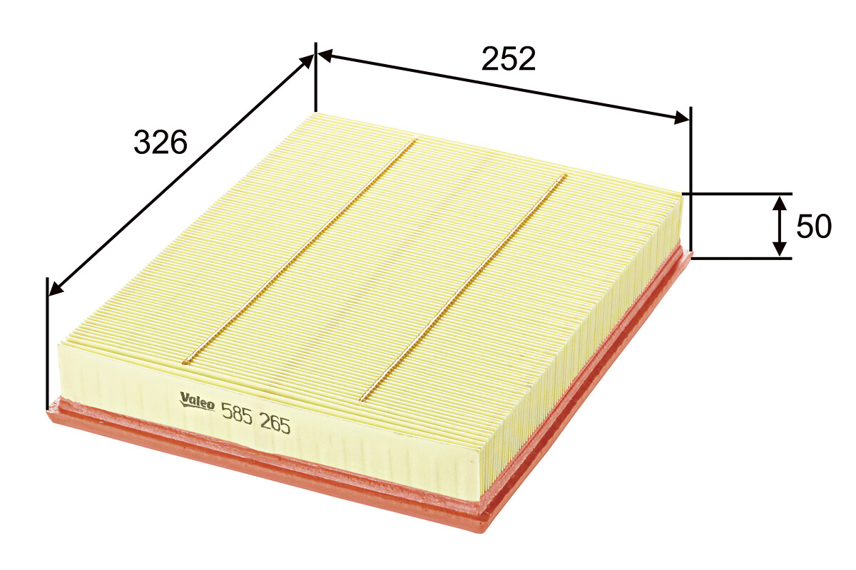 VALEO Luftfilter 585265 Filterindsats length_mm_203|Længde [mm]|326 width_mm_206|Bredde [mm]|252 height_mm_209|Højde [mm]|50 weight_kg_212|Vægt [kg]|0