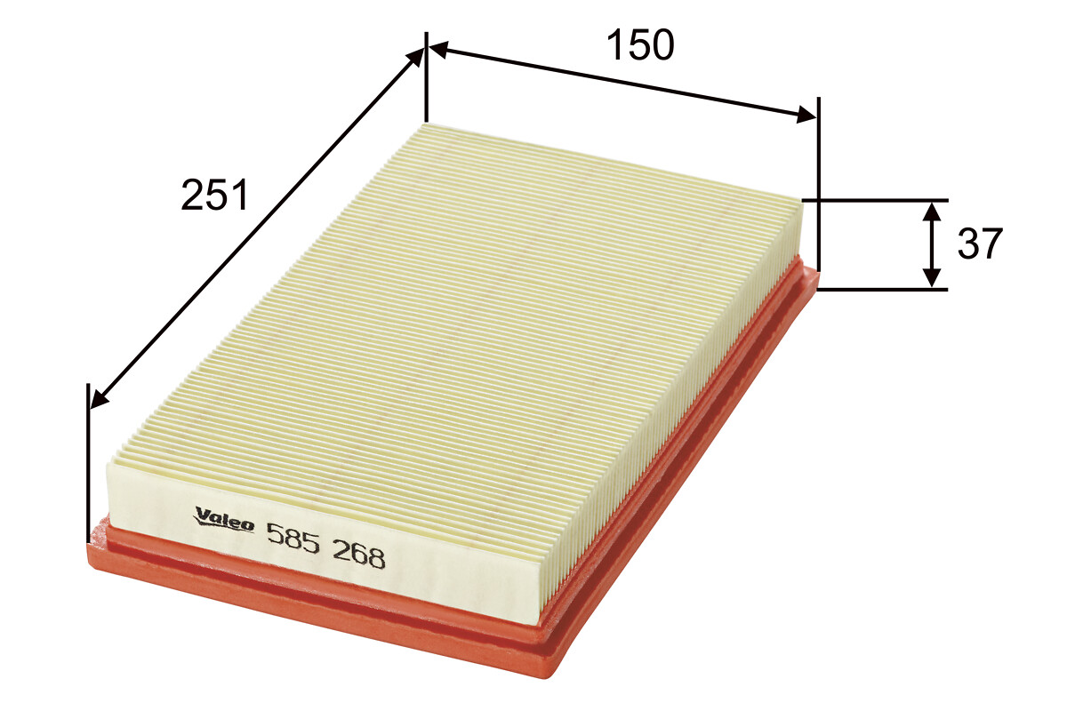VALEO Luftfilter 585268 Filterindsats length_mm_203|Længde [mm]|251 width_mm_206|Bredde [mm]|150 height_mm_209|Højde [mm]|37 weight_kg_212|Vægt [kg]|0