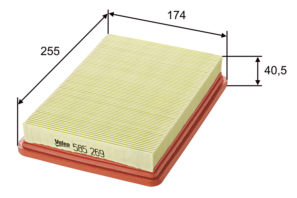 VALEO Luftfilter 585269 Filterindsats length_mm_203|Længde [mm]|256 width_mm_206|Bredde [mm]|177 height_mm_209|Højde [mm]|41 weight_kg_212|Vægt [kg]|0