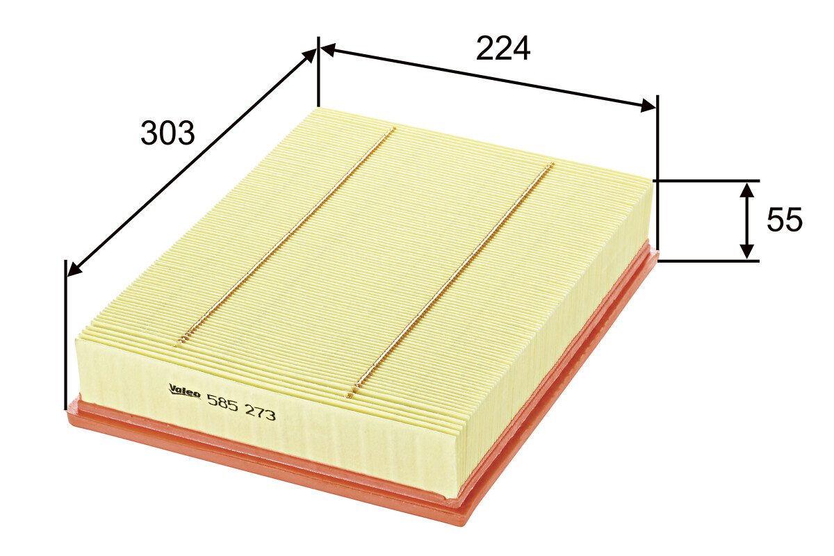 VALEO Luftfilter 585273 Filterindsats length_mm_203|Længde [mm]|302 width_mm_206|Bredde [mm]|225 height_mm_209|Højde [mm]|57 weight_kg_212|Vægt [kg]|0