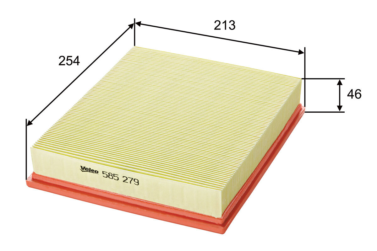 VALEO Luftfilter 585279 Filterindsats length_mm_203|Længde [mm]|254 width_mm_206|Bredde [mm]|213 height_mm_209|Højde [mm]|46 weight_kg_212|Vægt [kg]|0