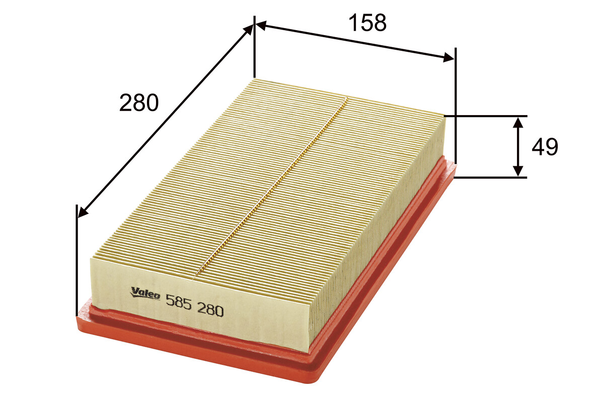 VALEO Luftfilter 585280 Filterindsats length_mm_203|Længde [mm]|280 width_mm_206|Bredde [mm]|158 height_mm_209|Højde [mm]|49 weight_kg_212|Vægt [kg]|0