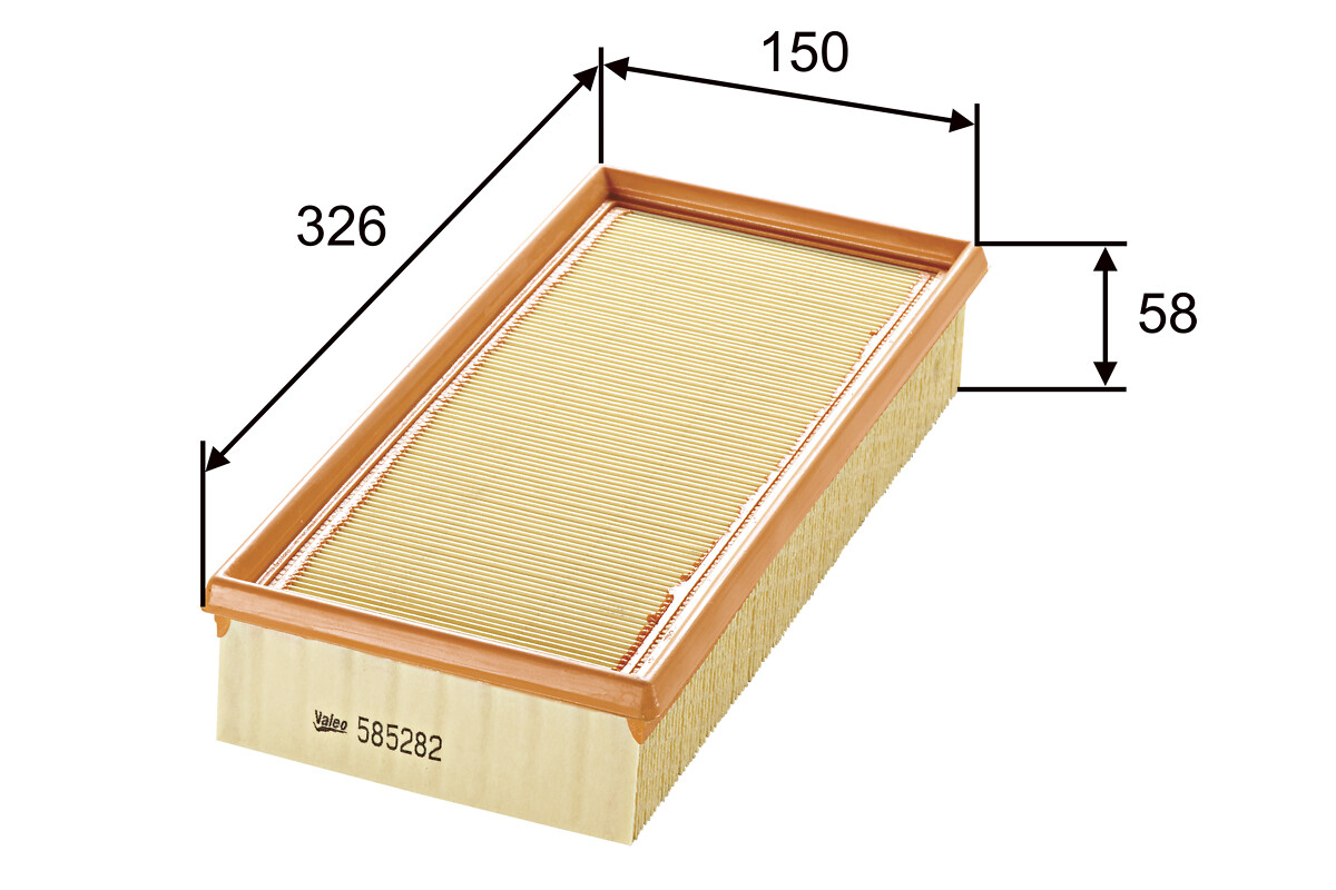 VALEO Luftfilter 585282 Filterindsats length_mm_203|Længde [mm]|324 width_mm_206|Bredde [mm]|150 height_mm_209|Højde [mm]|58 weight_kg_212|Vægt [kg]|0