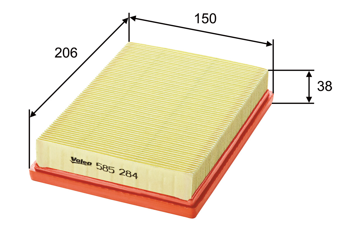 VALEO Luftfilter 585284 Filterindsats length_mm_203|Længde [mm]|206 width_mm_206|Bredde [mm]|150 height_mm_209|Højde [mm]|38 weight_kg_212|Vægt [kg]|0