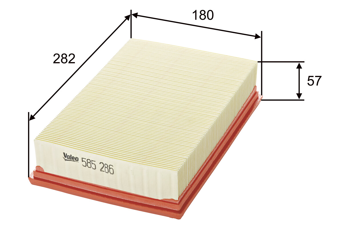 VALEO Luftfilter 585286 Filterindsats length_mm_203|Længde [mm]|280 width_mm_206|Bredde [mm]|180 height_mm_209|Højde [mm]|57 weight_kg_212|Vægt [kg]|0