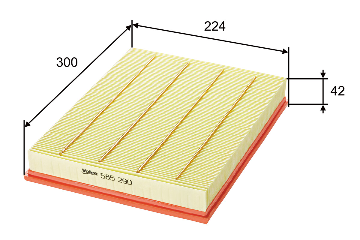 VALEO Luftfilter 585290 Filterindsats length_mm_203|Længde [mm]|293 width_mm_206|Bredde [mm]|224 height_mm_209|Højde [mm]|42 weight_kg_212|Vægt [kg]|0