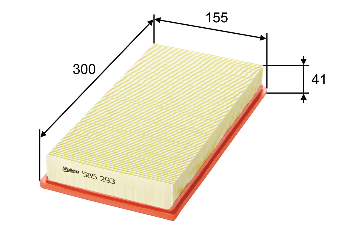 VALEO Luftfilter 585293 Filterindsats length_mm_203|Længde [mm]|300 width_mm_206|Bredde [mm]|155 height_mm_209|Højde [mm]|41 weight_kg_212|Vægt [kg]|0