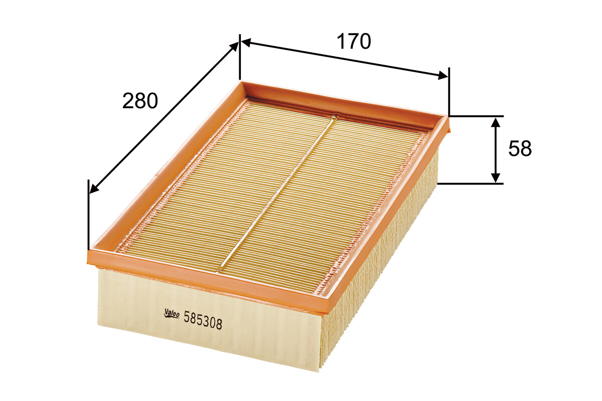 VALEO Luftfilter 585308 Filterindsats length_mm_203|Længde [mm]|281 width_mm_206|Bredde [mm]|171 height_mm_209|Højde [mm]|58 weight_kg_212|Vægt [kg]|0