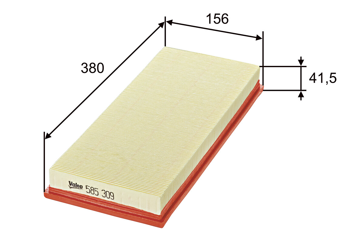 VALEO Luftfilter 585309 Filterindsats length_mm_203|Længde [mm]|380 width_mm_206|Bredde [mm]|156 height_mm_209|Højde [mm]|42 weight_kg_212|Vægt [kg]|0