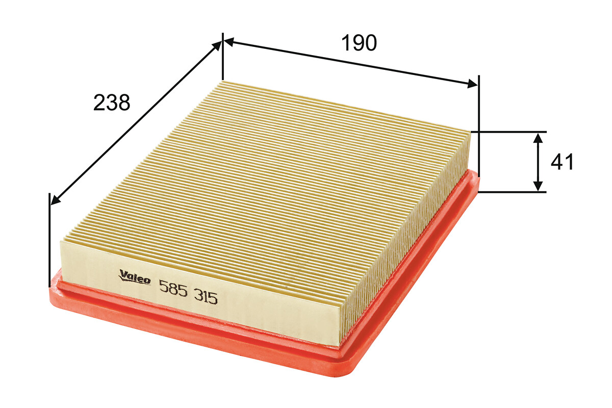 VALEO Luftfilter 585315 Filterindsats length_mm_203|Længde [mm]|239 width_mm_206|Bredde [mm]|190 height_mm_209|Højde [mm]|41 weight_kg_212|Vægt [kg]|0