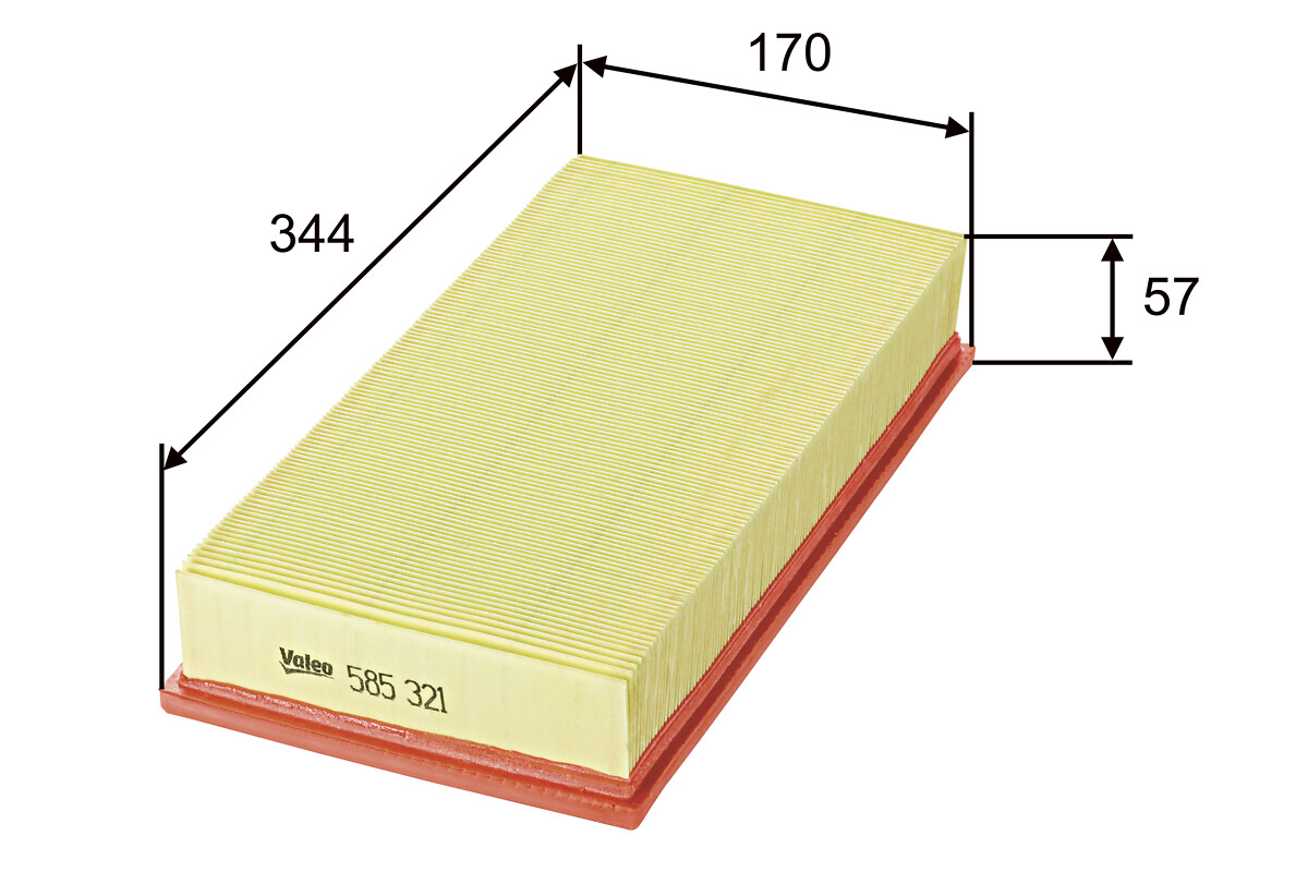 VALEO Luftfilter 585321 Filterindsats length_mm_203|Længde [mm]|335 width_mm_206|Bredde [mm]|171 height_mm_209|Højde [mm]|38 weight_kg_212|Vægt [kg]|0