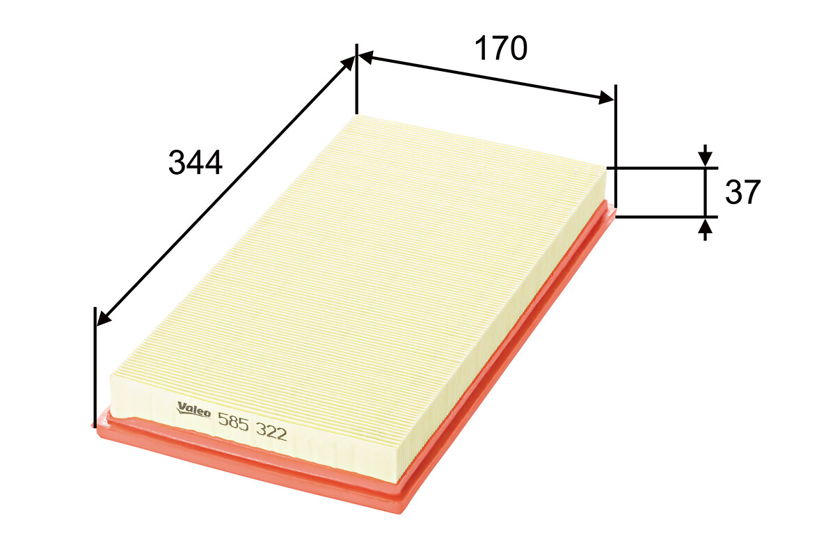 VALEO Luftfilter 585322 Filterindsats length_mm_203|Længde [mm]|335 width_mm_206|Bredde [mm]|171 height_mm_209|Højde [mm]|38 weight_kg_212|Vægt [kg]|0