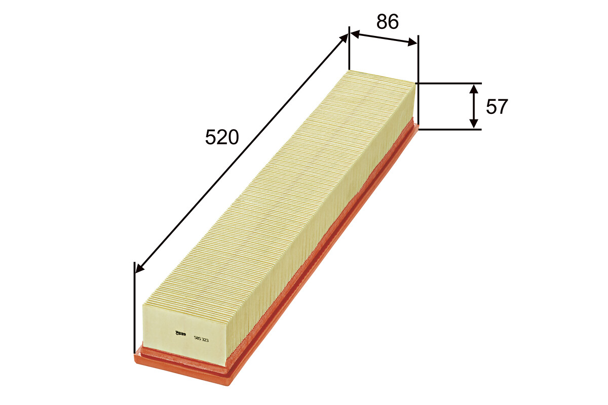 VALEO Luftfilter 585323 Filterindsats length_mm_203|Længde [mm]|520 width_mm_206|Bredde [mm]|86 height_mm_209|Højde [mm]|58 weight_kg_212|Vægt [kg]|0,