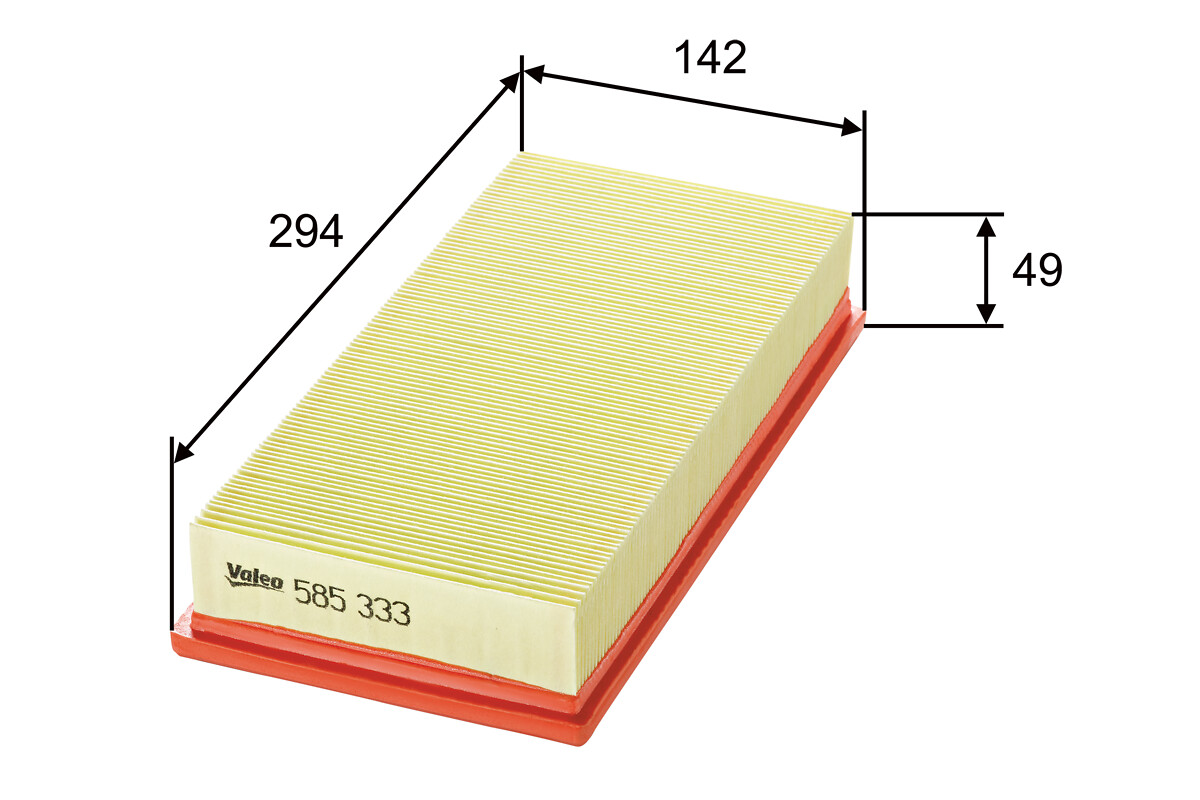 VALEO Luftfilter 585333 Filterindsats length_mm_203|Længde [mm]|292 width_mm_206|Bredde [mm]|142 height_mm_209|Højde [mm]|50 weight_kg_212|Vægt [kg]|0