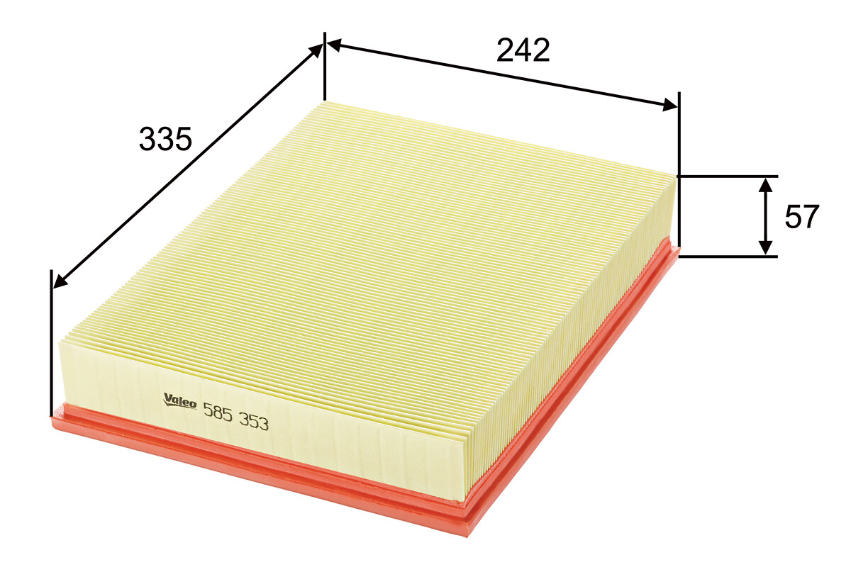 VALEO Luftfilter 585353 Filterindsats length_mm_203|Længde [mm]|336 width_mm_206|Bredde [mm]|241 height_mm_209|Højde [mm]|57 weight_kg_212|Vægt [kg]|0
