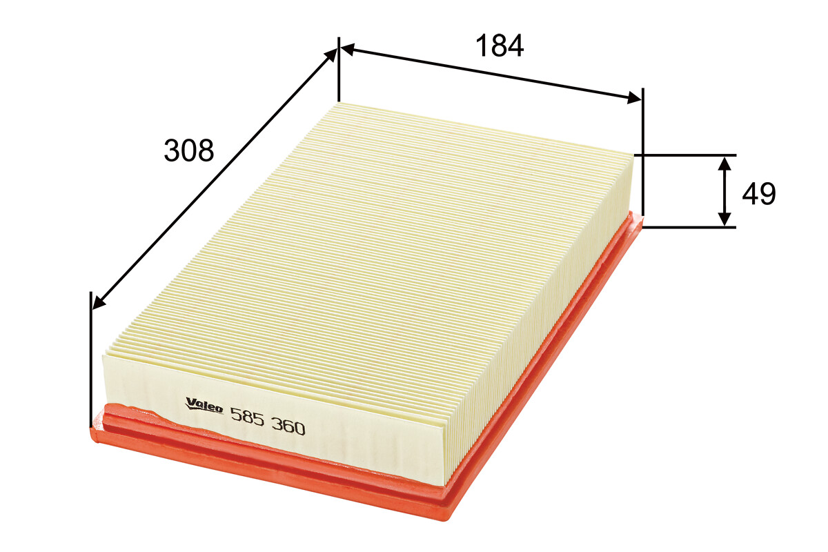 VALEO Luftfilter 585360 Filterindsats length_mm_203|Længde [mm]|308 width_mm_206|Bredde [mm]|184 height_mm_209|Højde [mm]|50 weight_kg_212|Vægt [kg]|0