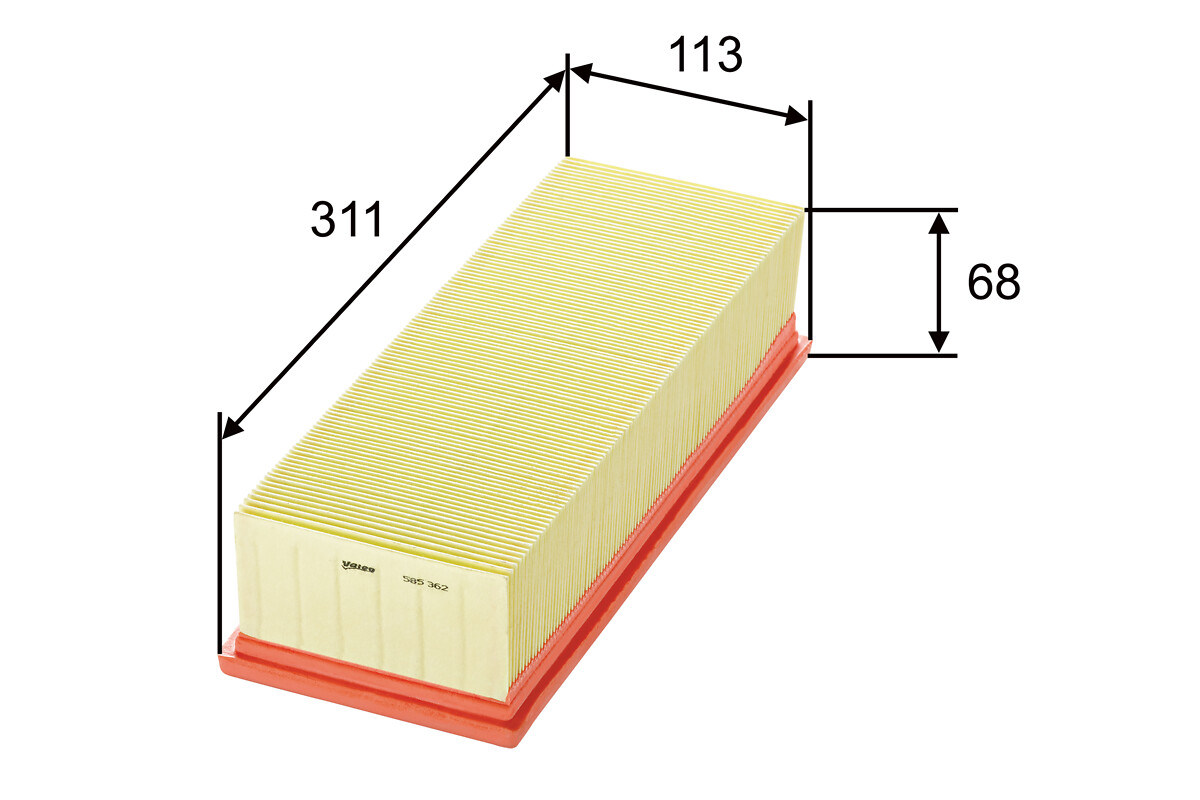 VALEO Luftfilter 585362 Filterindsats length_mm_203|Længde [mm]|306 width_mm_206|Bredde [mm]|113 height_mm_209|Højde [mm]|62 weight_kg_212|Vægt [kg]|0