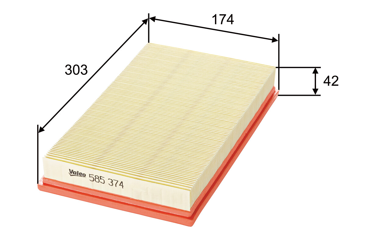 VALEO Luftfilter 585374 Filterindsats length_mm_203|Længde [mm]|303 width_mm_206|Bredde [mm]|174 height_mm_209|Højde [mm]|42 weight_kg_212|Vægt [kg]|0