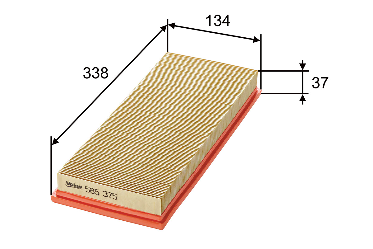 VALEO Luftfilter 585375 Filterindsats length_mm_203|Længde [mm]|334 width_mm_206|Bredde [mm]|134 height_mm_209|Højde [mm]|38 weight_kg_212|Vægt [kg]|0