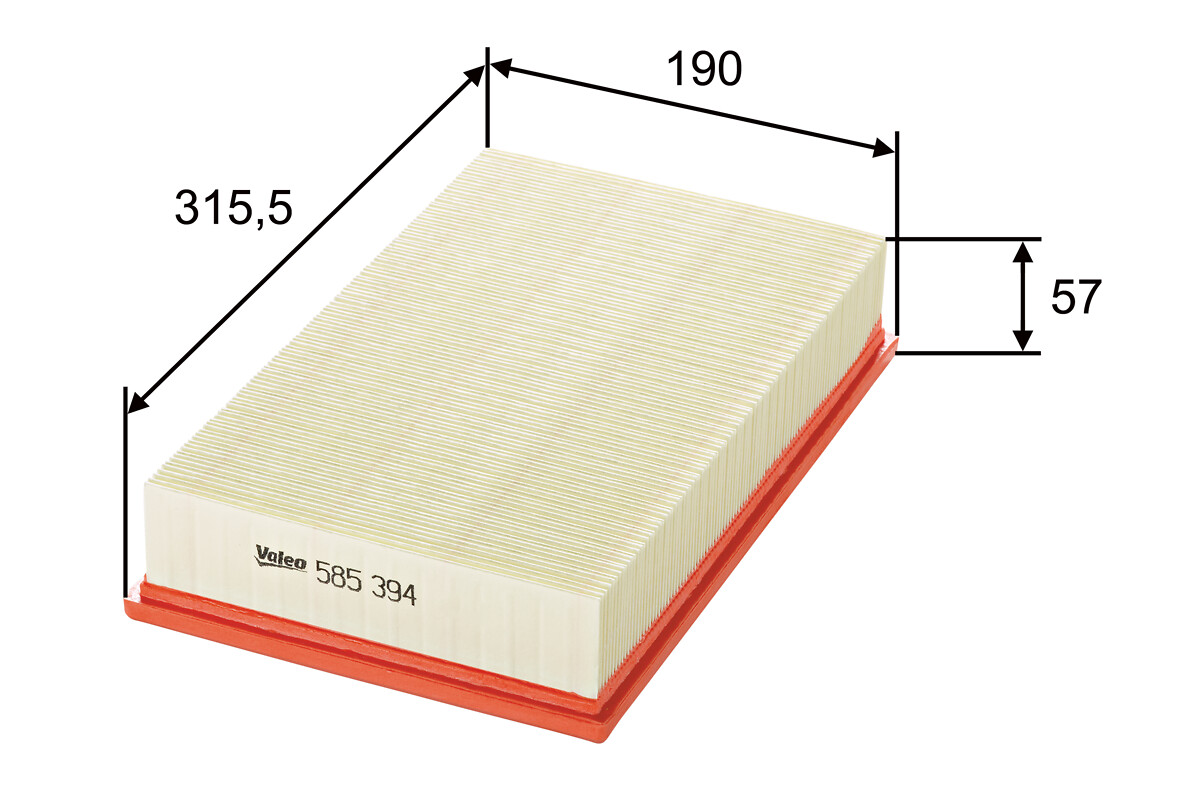 VALEO Luftfilter 585394 Filterindsats length_mm_203|Længde [mm]|316 width_mm_206|Bredde [mm]|190 height_mm_209|Højde [mm]|56 weight_kg_212|Vægt [kg]|0