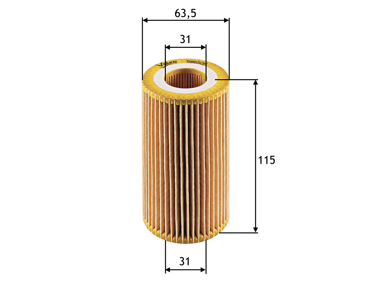 VALEO Oliefilter 586505 Filterindsats height_mm_209|Højde [mm]|115 outer_diameter_mm_497|Yderdiameter [mm]|64 inner_diameter_1_mm_995|Inder diameter 1