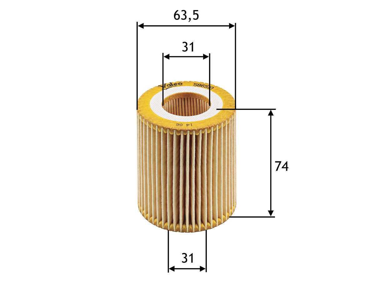 VALEO Oliefilter 586510 Filterindsats height_mm_209|Højde [mm]|74 outer_diameter_mm_497|Yderdiameter [mm]|64 inner_diameter_1_mm_995|Inder diameter 1