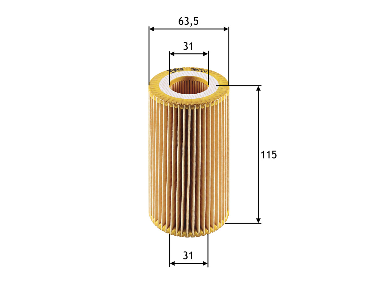 VALEO Oliefilter 586524 Filterindsats height_mm_209|Højde [mm]|115 outer_diameter_mm_497|Yderdiameter [mm]|64 inner_diameter_1_mm_995|Inder diameter 1