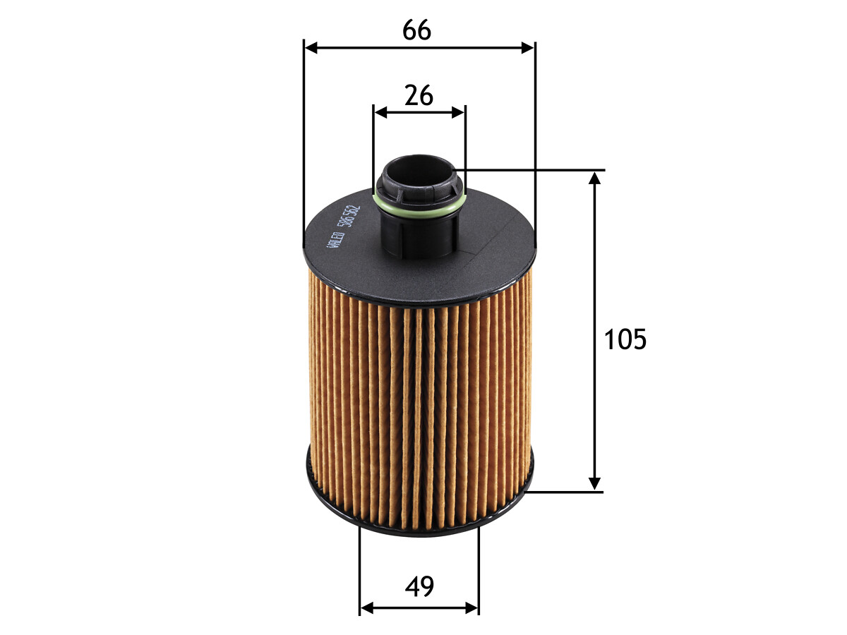 VALEO Oliefilter 586562 Filterindsats height_mm_209|Højde [mm]|105 outer_diameter_mm_497|Yderdiameter [mm]|64 inner_diameter_mm_496|Indvendig diameter