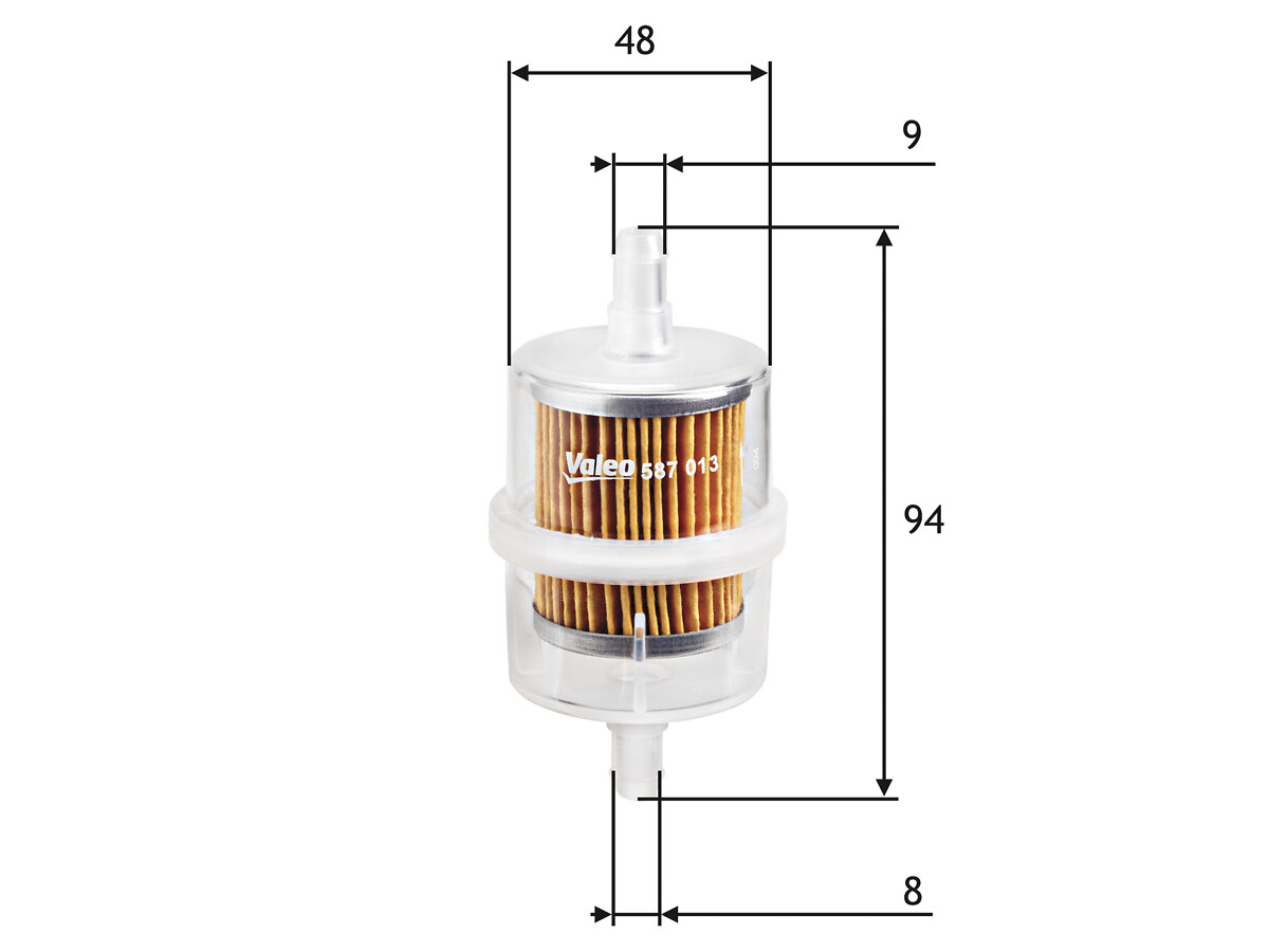 VALEO Brændstof-filter 587013 Lednings 94mm for PEUGEOT ALFA ROMEO OPEL CHRYSLER BMW MERCEDES-BENZ MAZDA GME SUBARU HONDA STEYR FORD USA AMC