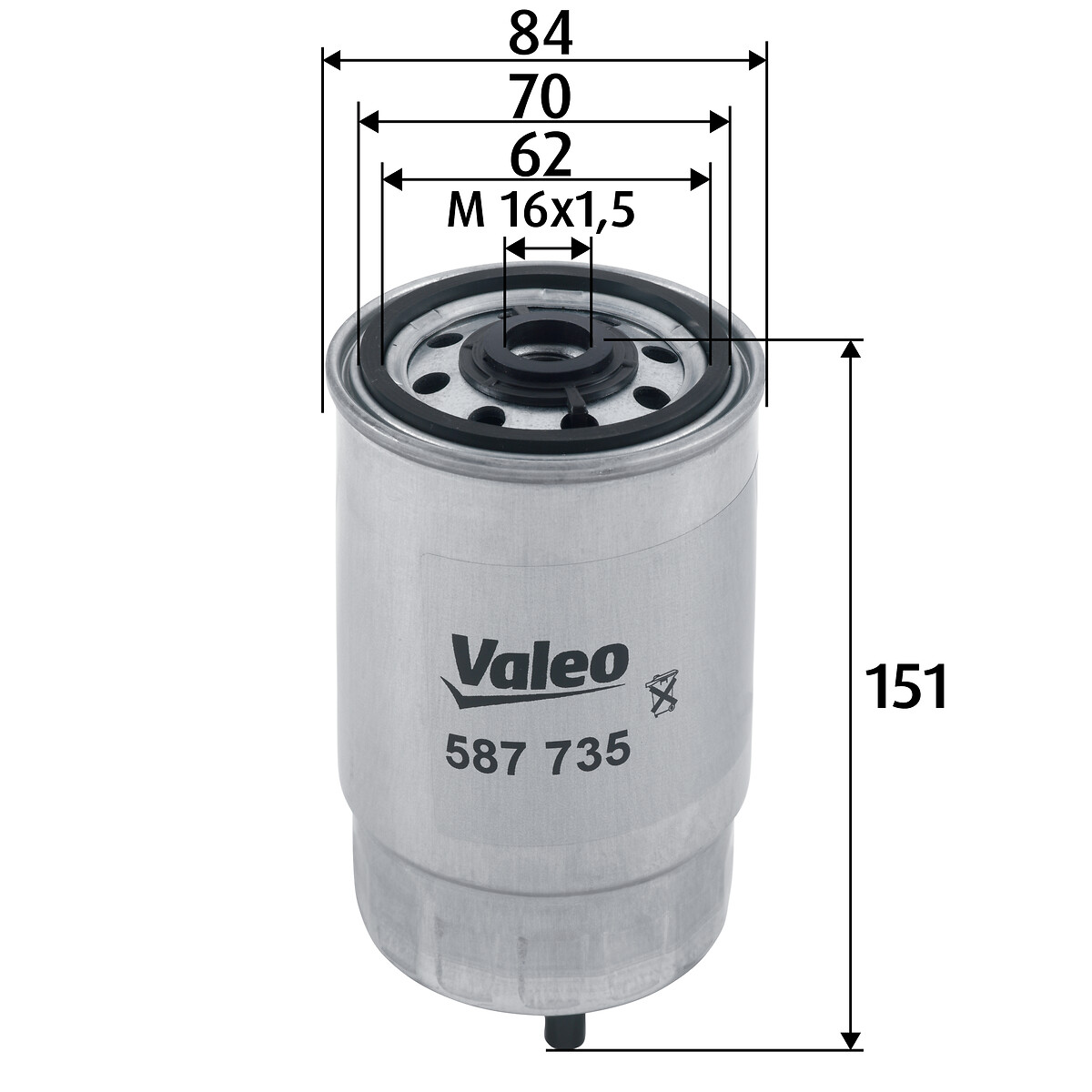 VALEO Brændstof-filter 587735 Påskruet 151mm M16x1.5 for HYUNDAI KIA