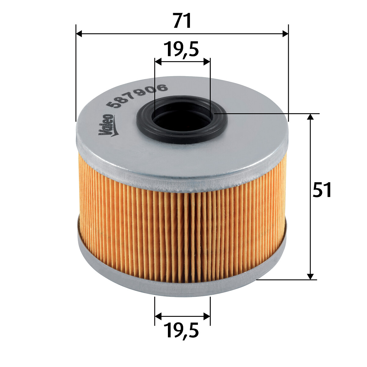 VALEO Brændstof-filter 587906 Filterindsats height_mm_209|Højde [mm]|51 outer_diameter_mm_497|Yderdiameter [mm]|71 inner_diameter_1_mm_995|Inder diame