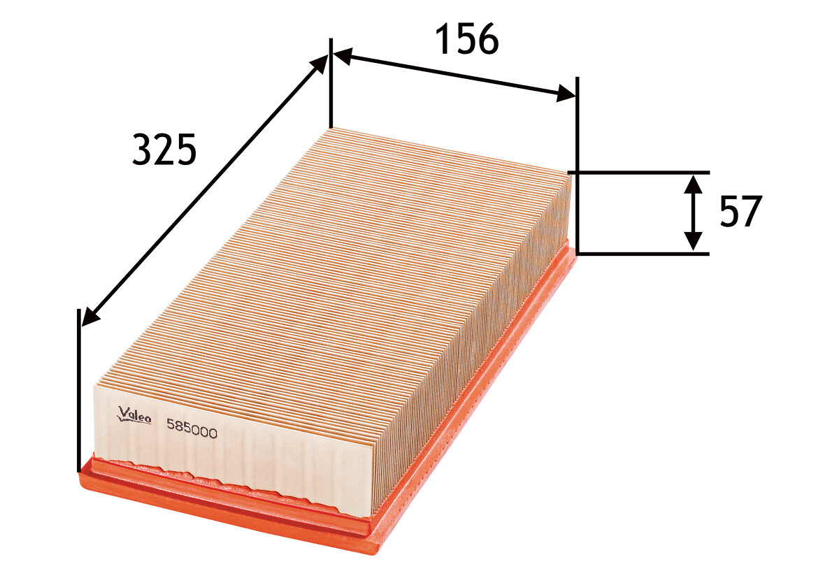 VALEO Luftfilter 585000 Filterindsats length_mm_203|Længde [mm]|325 width_mm_206|Bredde [mm]|150 height_mm_209|Højde [mm]|57 weight_kg_212|Vægt [kg]|0