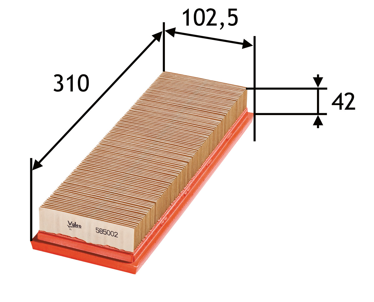 VALEO Luftfilter 585002 Filterindsats length_mm_203|Længde [mm]|310 width_mm_206|Bredde [mm]|103 height_mm_209|Højde [mm]|42 weight_kg_212|Vægt [kg]|0