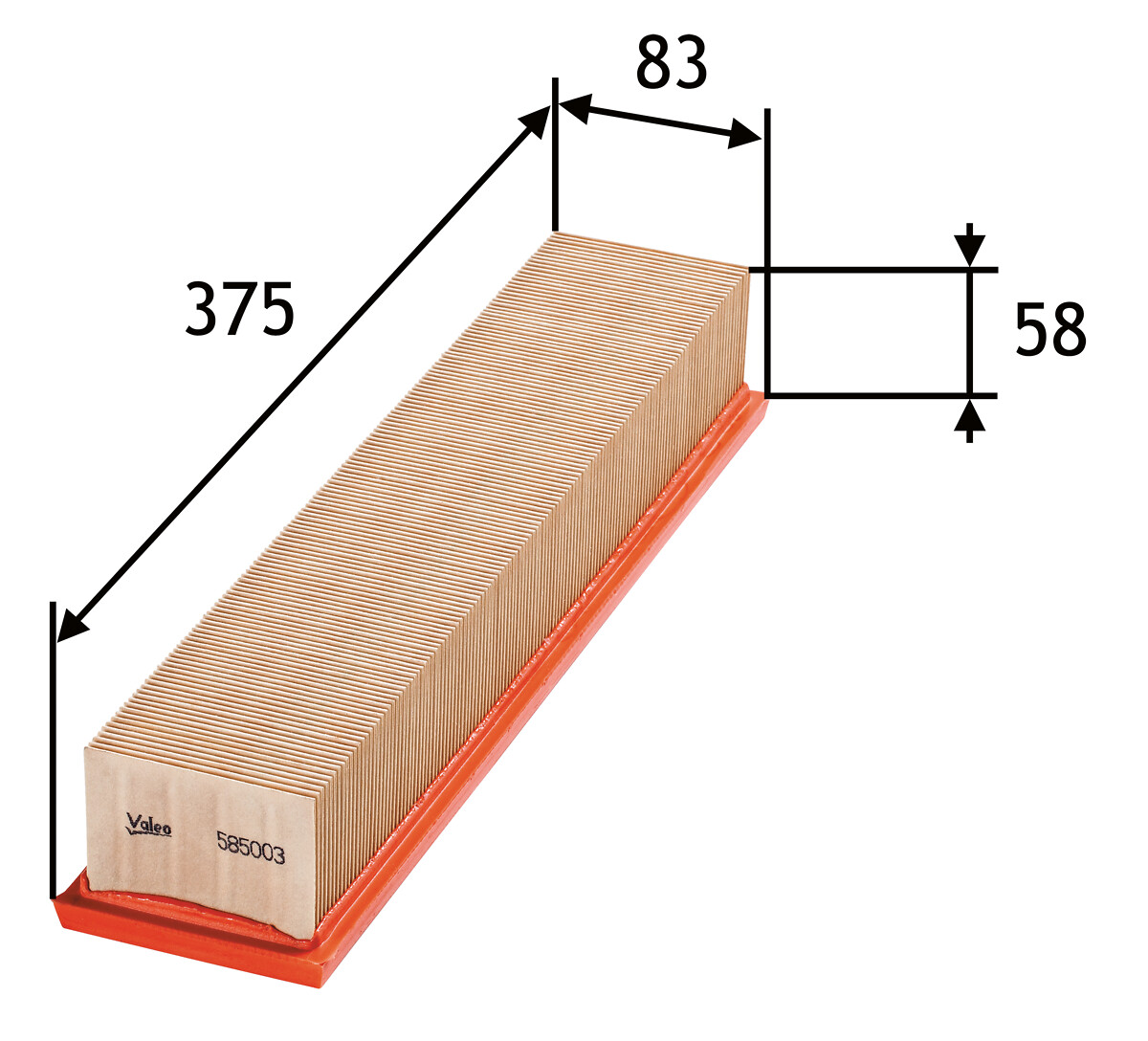 VALEO Luftfilter 585003 Filterindsats length_mm_203|Længde [mm]|376 width_mm_206|Bredde [mm]|83 height_mm_209|Højde [mm]|58 weight_kg_212|Vægt [kg]|0,
