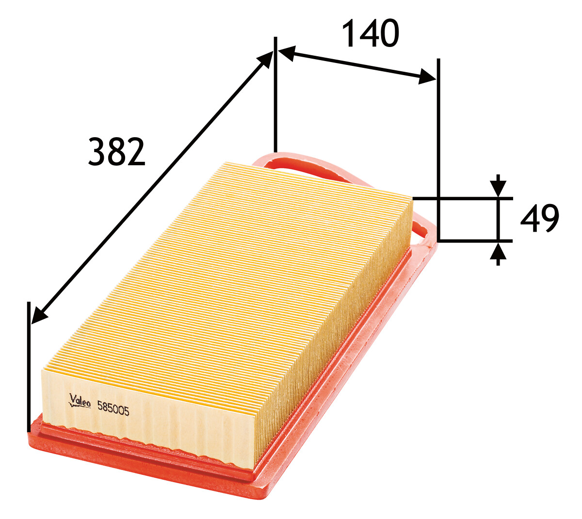 VALEO Luftfilter 585005 Filterindsats length_mm_203|Længde [mm]|384 width_mm_206|Bredde [mm]|140 height_mm_209|Højde [mm]|65 weight_kg_212|Vægt [kg]|0
