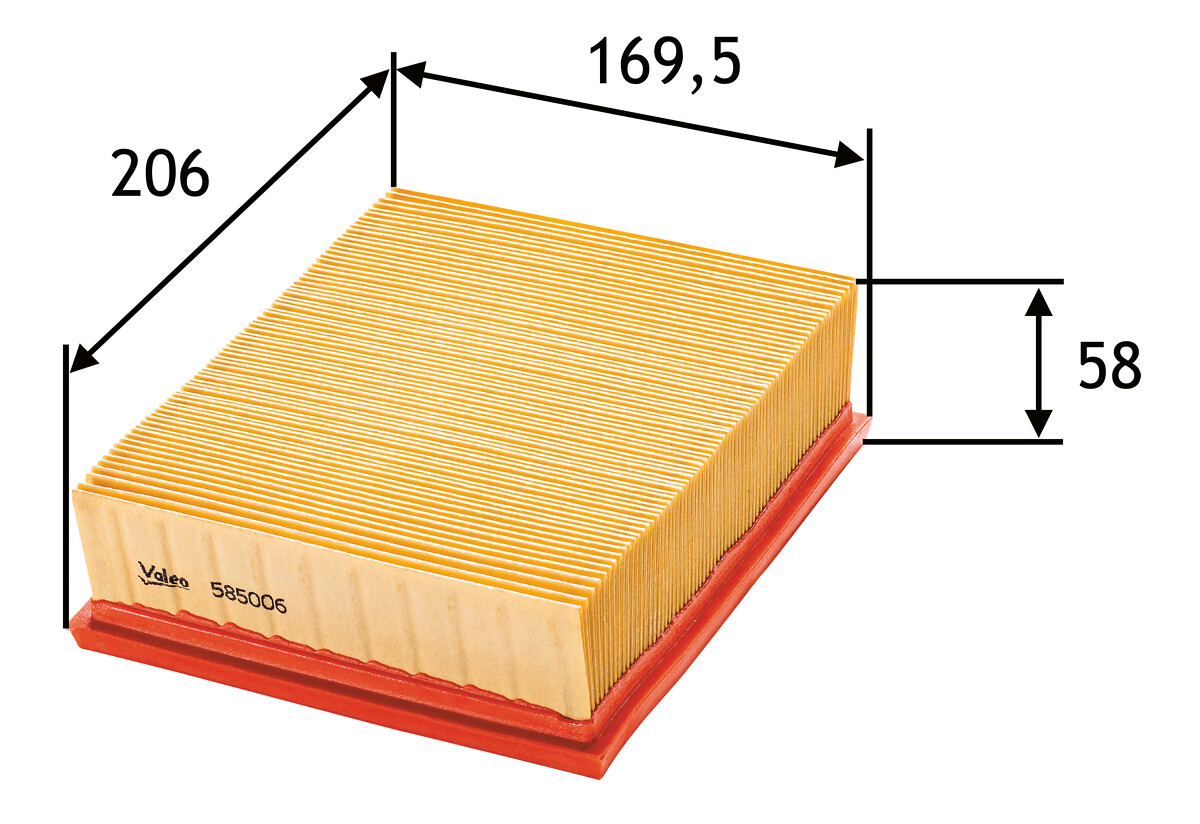 VALEO Luftfilter 585006 Filterindsats length_mm_203|Længde [mm]|205 width_mm_206|Bredde [mm]|170 height_mm_209|Højde [mm]|57 weight_kg_212|Vægt [kg]|0
