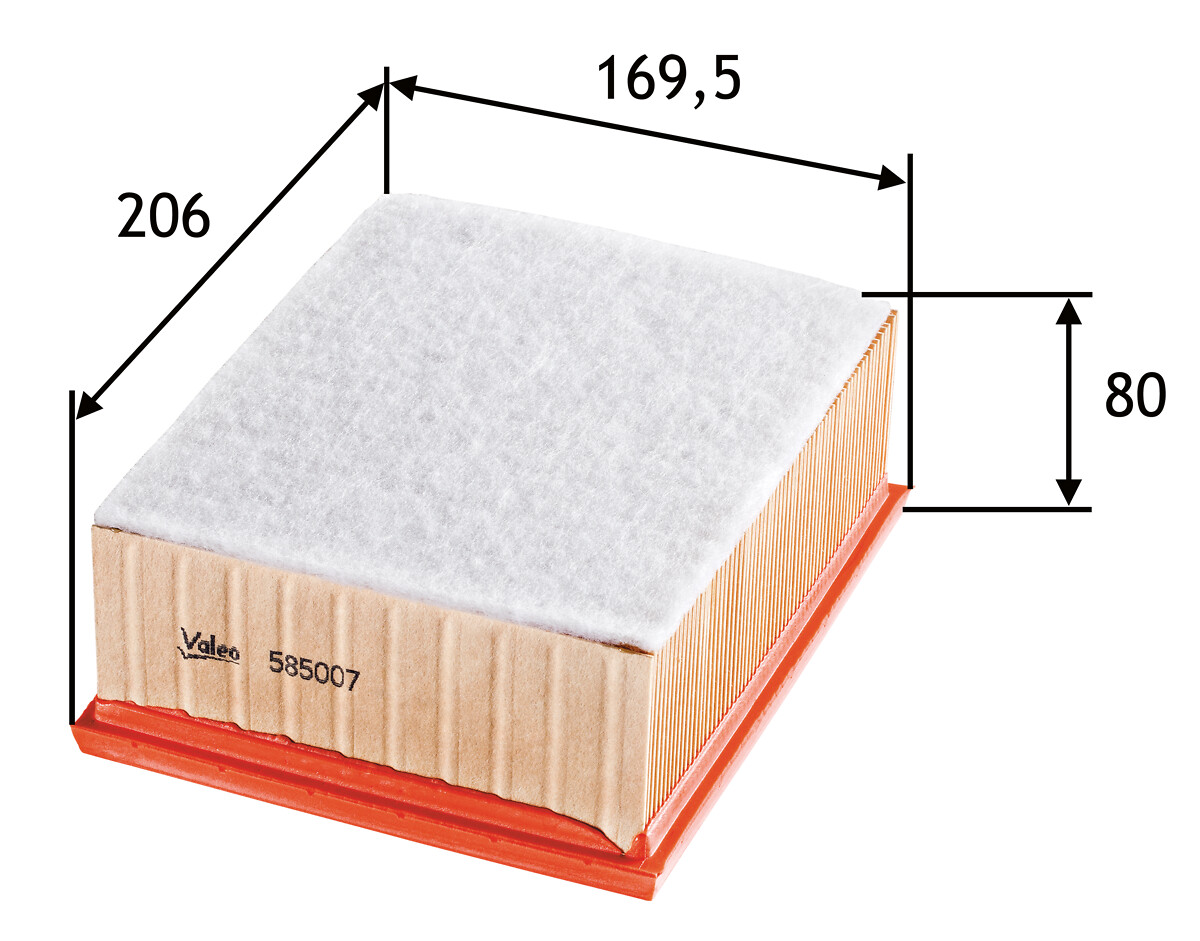 VALEO Luftfilter 585007 Filterindsats length_mm_203|Længde [mm]|207 width_mm_206|Bredde [mm]|169 height_mm_209|Højde [mm]|70 supplementary_articleinfo