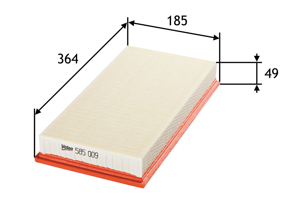 VALEO Luftfilter 585009 Filterindsats length_mm_203|Længde [mm]|364 width_mm_206|Bredde [mm]|185 height_mm_209|Højde [mm]|60 weight_kg_212|Vægt [kg]|0
