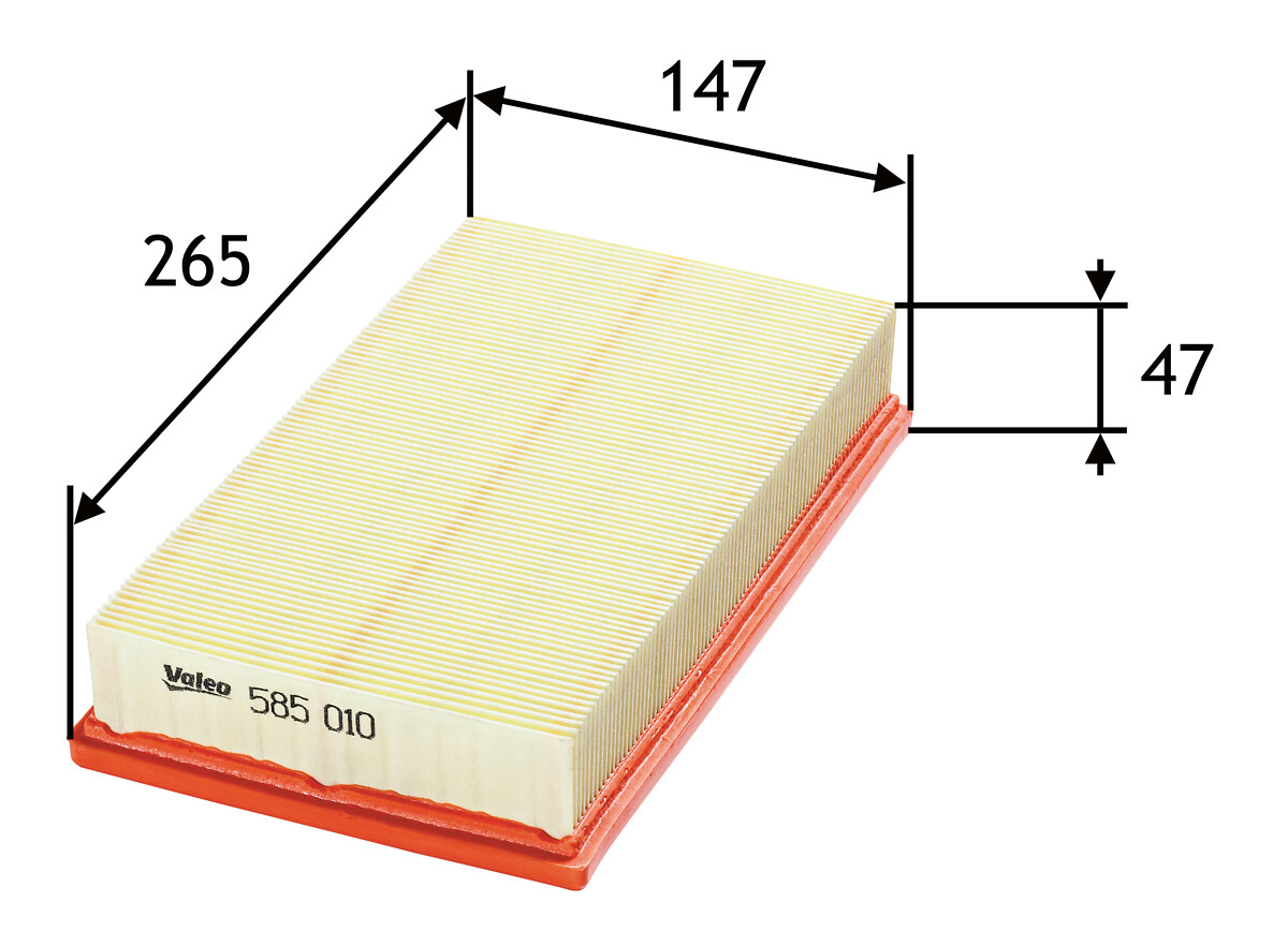 VALEO Luftfilter 585010 Filterindsats length_mm_203|Længde [mm]|269 width_mm_206|Bredde [mm]|151 height_mm_209|Højde [mm]|37 weight_kg_212|Vægt [kg]|0