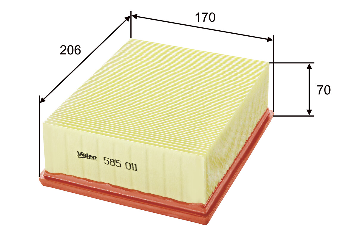 VALEO Luftfilter 585011 Filterindsats length_mm_203|Længde [mm]|206 width_mm_206|Bredde [mm]|170 height_mm_209|Højde [mm]|70 weight_kg_212|Vægt [kg]|0