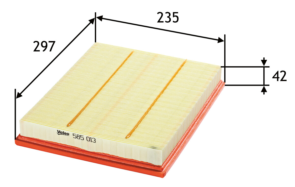 VALEO Luftfilter 585013 Filterindsats length_mm_203|Længde [mm]|294 width_mm_206|Bredde [mm]|234 height_mm_209|Højde [mm]|42 weight_kg_212|Vægt [kg]|0